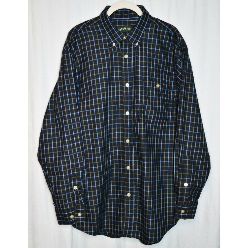 Orvis Country Twill Plaid Flannel Long Sleeve Button Down Shirt Gray/Blue Size L